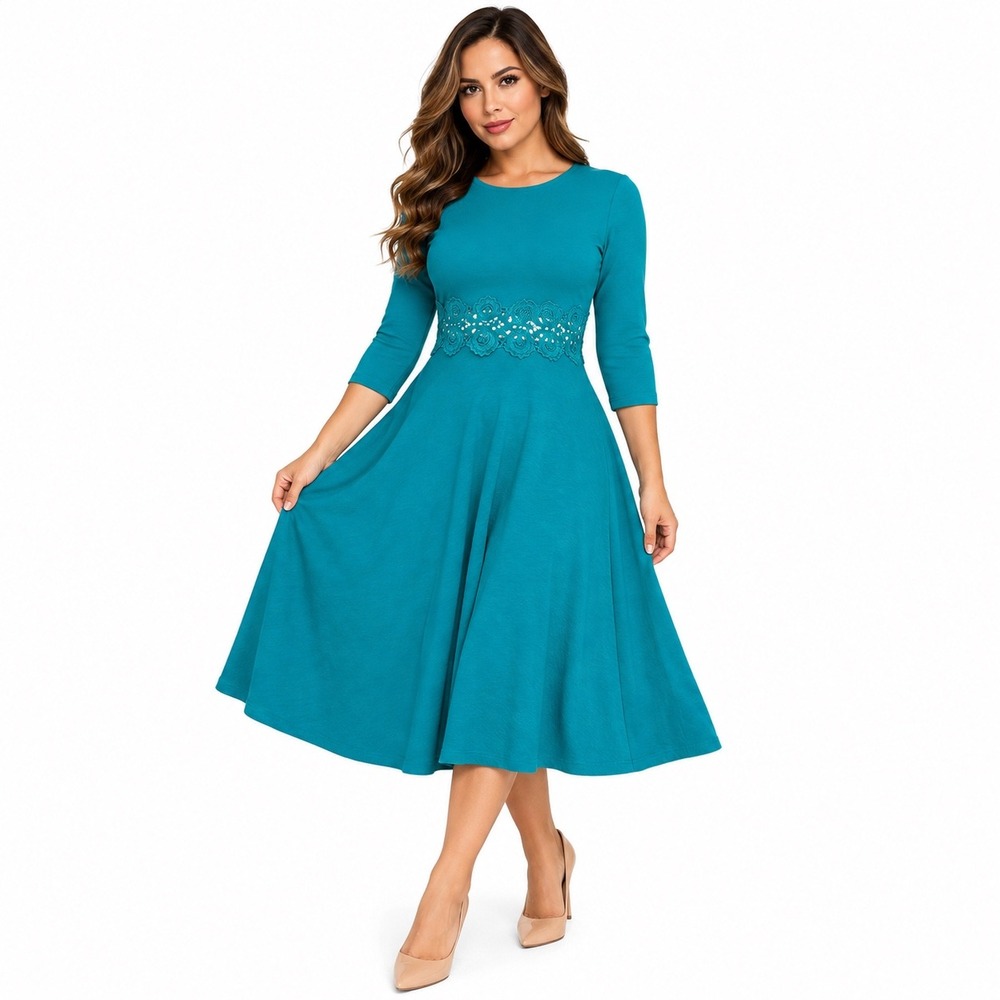 Homeyee Women Teal Green Lace Waist 3/4 Sleeve Fit and Flare Midi Dress Size M